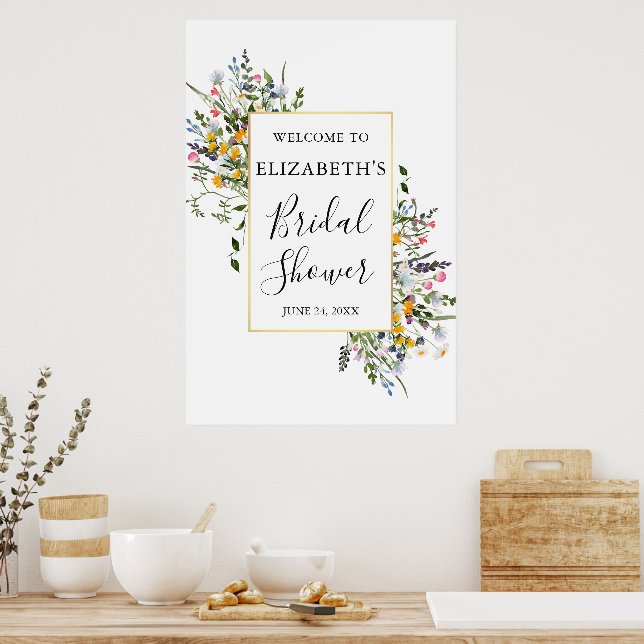 Watercolor Wildflowers Gold Frame Bridal Shower Poster (Kitchen)