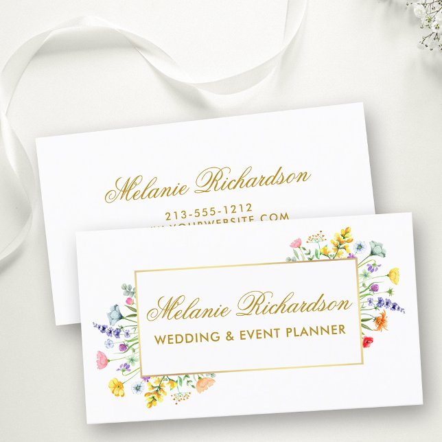 Watercolor Wildflowers Gold Frame Business Card (Customize to change text size, color or text style.)