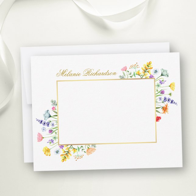 Watercolor Wildflowers Gold Frame Personalized Note Card (Customize to change text color,  text style or to add more text to back of card.)