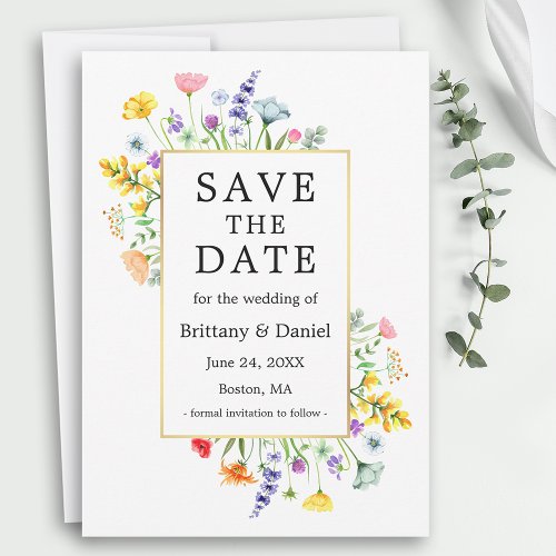 Watercolor Wildflowers Gold Frame Save The Date