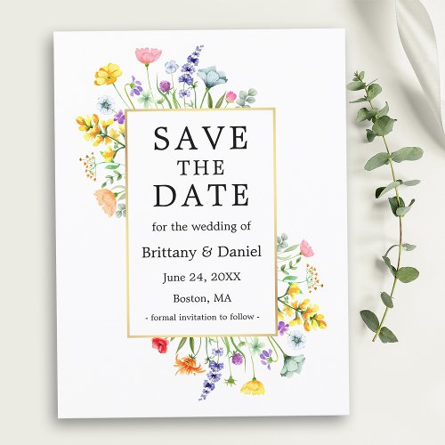 Watercolor Wildflowers Gold Frame Save The Date Postcard