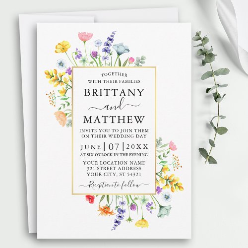 Watercolor Wildflowers Gold Frame Wedding Invitation