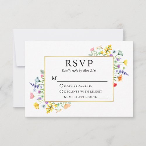 Watercolor Wildflowers Gold Frame Wedding RSVP Card