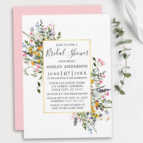 Watercolor Wildflowers Gold Pink Blush Shower Invitation