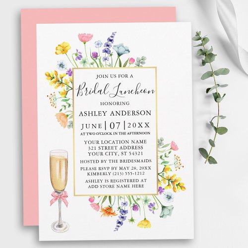 Watercolor Wildflowers Gold Pink Bridal Luncheon Invitation