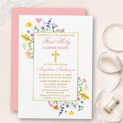 Watercolor Wildflowers Gold Pink First Communion Invitation