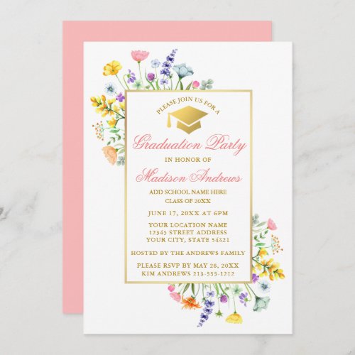 Watercolor Wildflowers Gold Pink Graduation Party Invitation