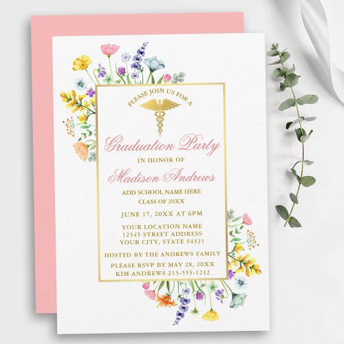 Watercolor Wildflowers Gold Pink Nurse Graduation Invitation