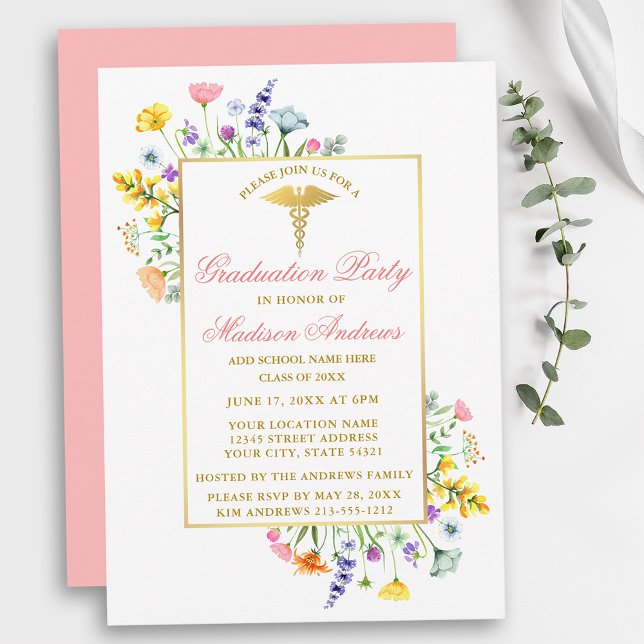 Watercolor Wildflowers Gold Pink Nurse Graduation Invitation (Customize to change text size, color, text style or to change color of back of card.)
