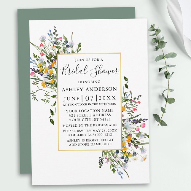 Watercolor Wildflowers Gold Sage Green Shower Invitation (Customize to change color of back of card.)