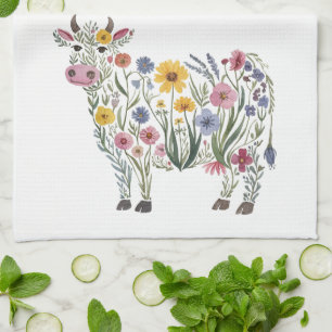 Watercolor Wildflowers in the shape of a Cute Cow Kitchen Towel