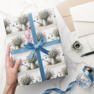Watercolor Wildflowers In Watering Can Wrapping Paper