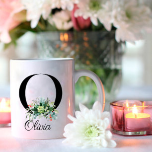 Watercolor wildflowers initial monogram coffee mug