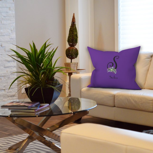 Watercolor wildflowers initial monogram  throw pillow (Creator Uploaded)