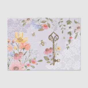 Watercolor Wildflowers Lace Vintage Key Decoupage Tissue Paper