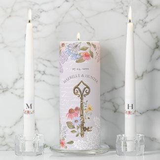 Watercolor Wildflowers Lace Vintage Key Wedding Unity Candle Set
