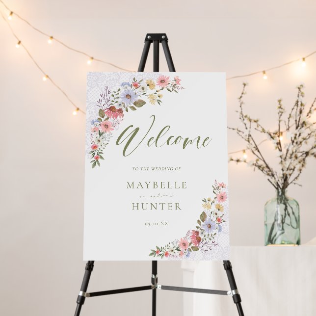 Watercolor Wildflowers & Lace Welcome Wedding Foam Board (In Situ (Stand))