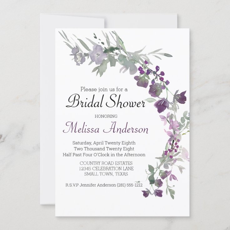 Watercolor Wildflowers Lavender Bridal Shower Invitation | Zazzle