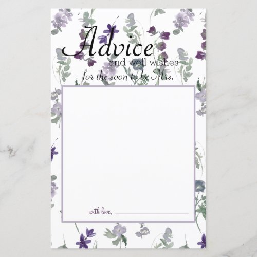 Watercolor Wildflowers Lavender Bride Advice Card