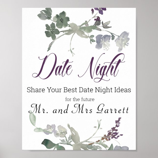 Watercolor Wildflowers Lavender Date Night Sign (Front)