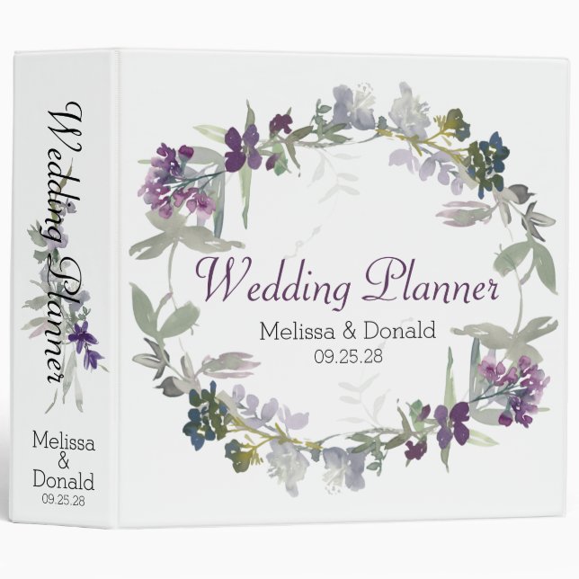 Watercolor Wildflowers Lavender Floral Wedding 3 Ring Binder (Front/Spine)