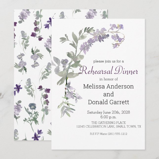 Watercolor Wildflowers Lavender Rehearsal Dinner Invitation (Front/Back)