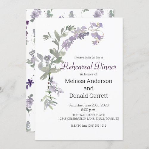 Watercolor Wildflowers Lavender Rehearsal Dinner Invitation