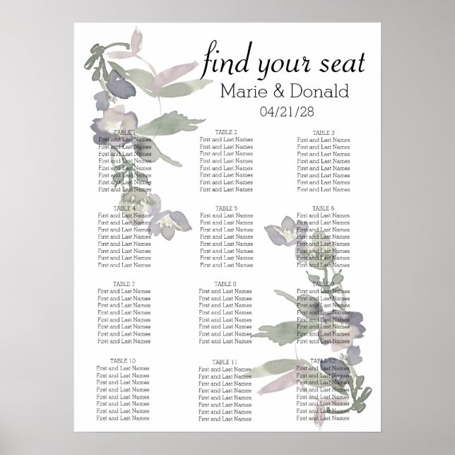 Watercolor Wildflowers Lavender Seating Chart (Front)