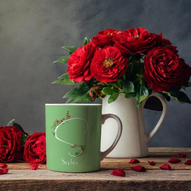 Watercolor wildflowers letter S green coffee mug (Creator Uploaded)
