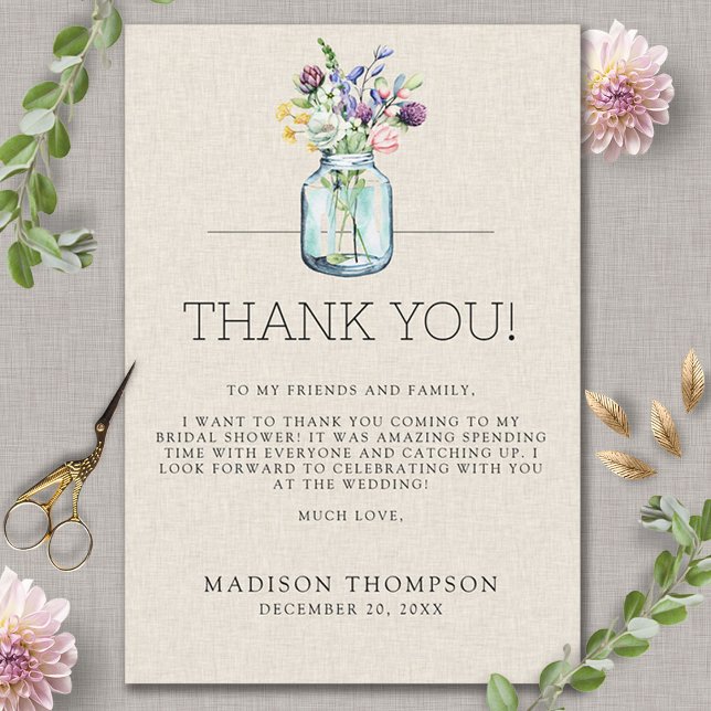 Watercolor Wildflowers Linen Boho Bridal Shower Thank You Card (Creator Uploaded)