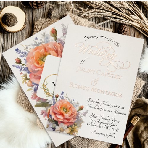 Watercolor Wildflowers, Monogram - Cream Foil Invitation