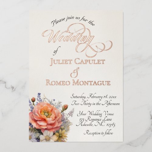 Watercolor Wildflowers, Monogram - Cream Foil Invitation