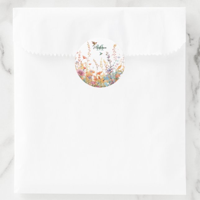 Watercolor Wildflowers Monogram Personalized Name Classic Round Sticker (Bag)