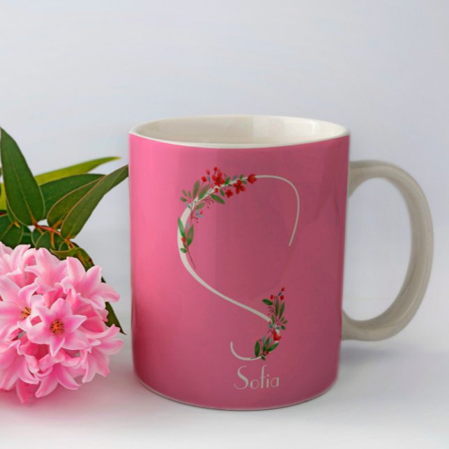 Watercolor wildflowers monogram pink coffee mug (Creator Uploaded)