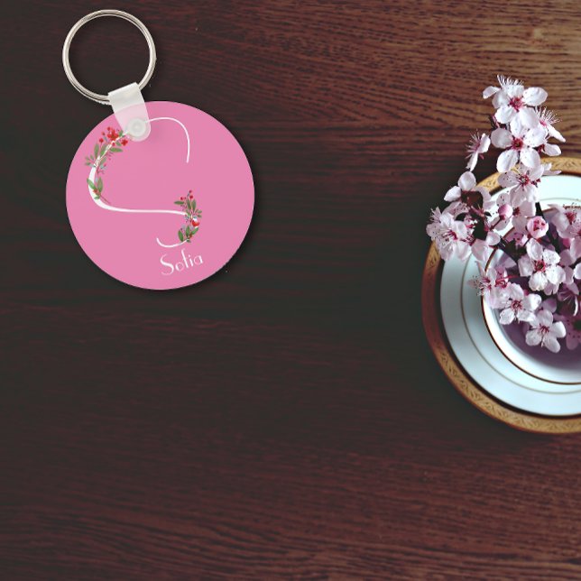 Watercolor wildflowers monogram pink keychain (Creator Uploaded)