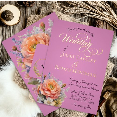 Watercolor Wildflowers, Monogram - Rose Pink Foil Invitation