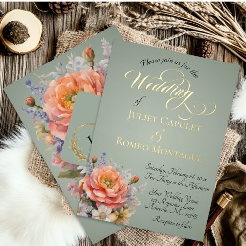 Watercolor Wildflowers, Monogram - Sage Foil Invitation