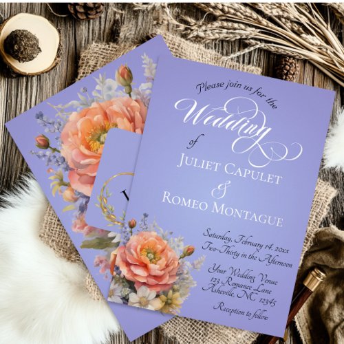 Watercolor Wildflowers, Monogram - Sky Blue Foil Invitation