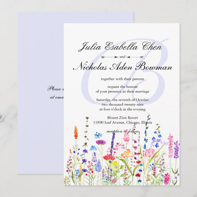 Watercolor Wildflowers Monogram Spring Wedding Invitation (Front/Back)