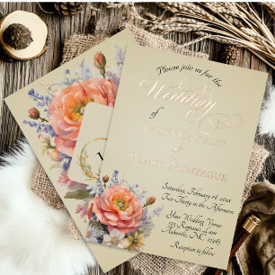 Watercolor Wildflowers, Monogram - Wheat Foil Invitation