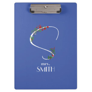 Watercolor wildflowers monogram white red blue clipboard