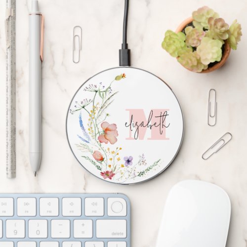 Watercolor Wildflowers Monogram Wireless Charger