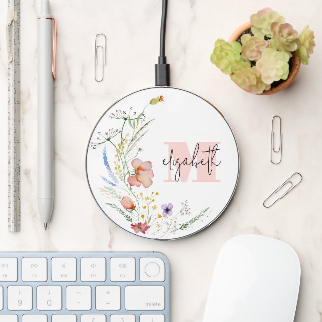 Watercolor Wildflowers Monogram Wireless Charger (Desk)