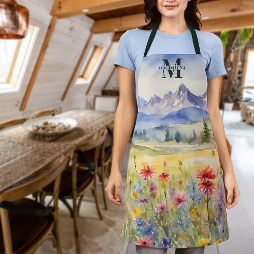 Watercolor Wildflowers  Mountains Monogram Name Apron