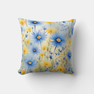 Watercolor Wildflowers On Cornflower Blue Throw Pillow