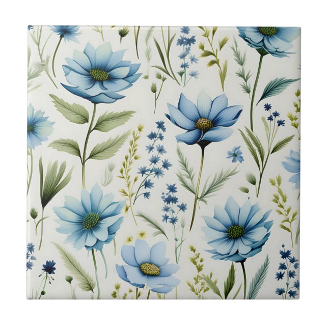 Watercolor Wildflowers on Light Blue Ceramic Tile (Front)