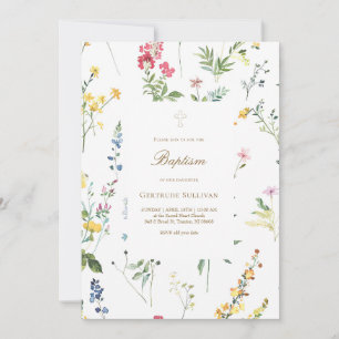 watercolor wildflowers pattern Baptism Invitation
