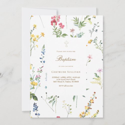 watercolor wildflowers pattern Baptism Invitation