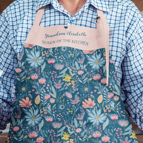 Watercolor wildflowers pattern custom name text apron