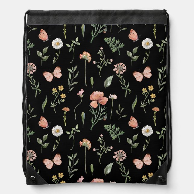 Watercolor Wildflowers Pattern Drawstring Bag (Front)